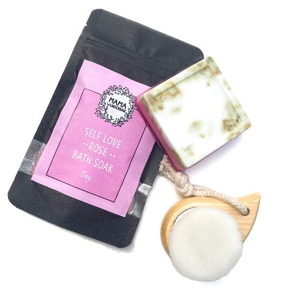 Self-Love Rose Bath Soak, Rose Goats Milk Soap, Silk Face Brush