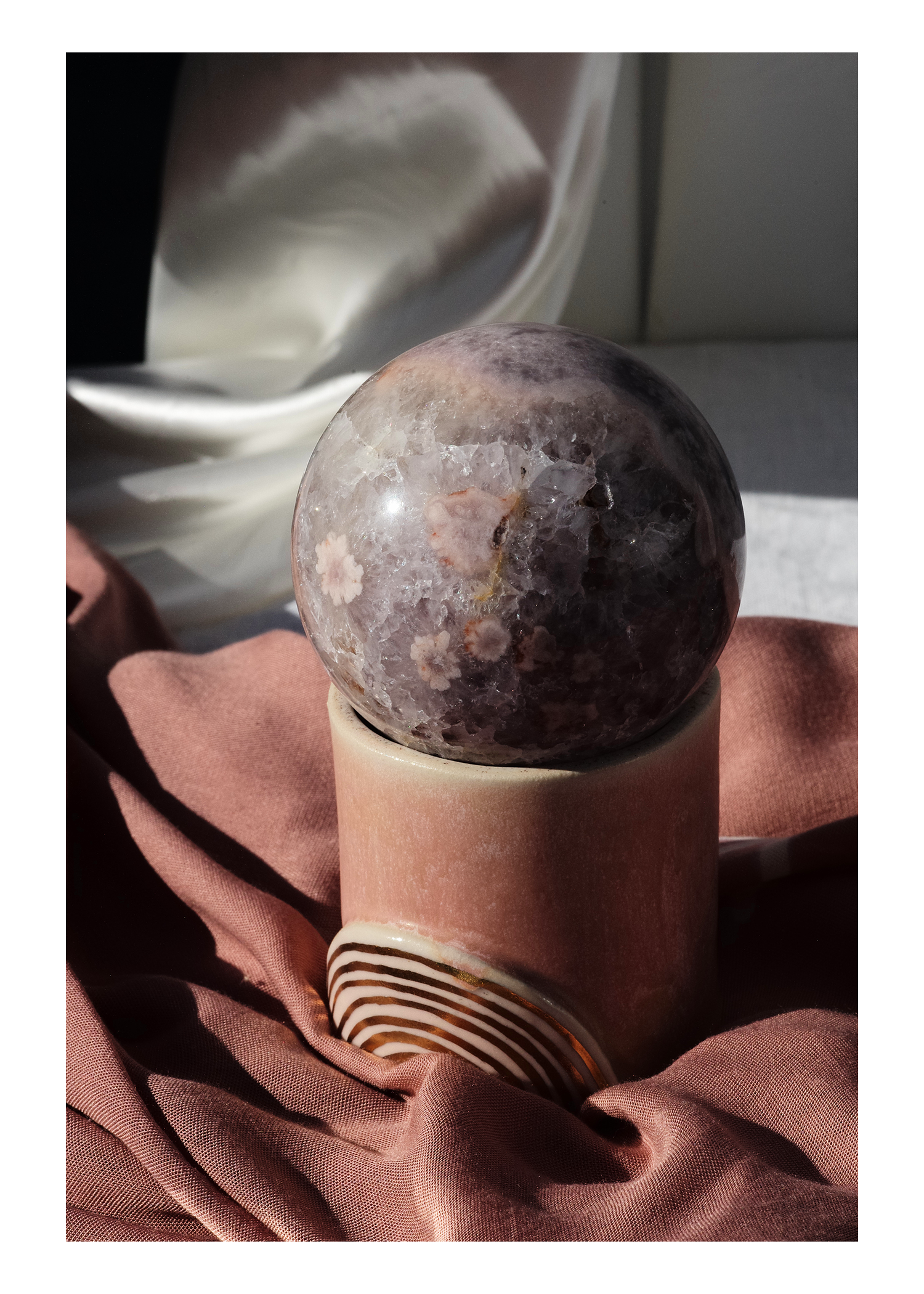 Cherry Blossom Agate Sphere with amethyst and crystallization