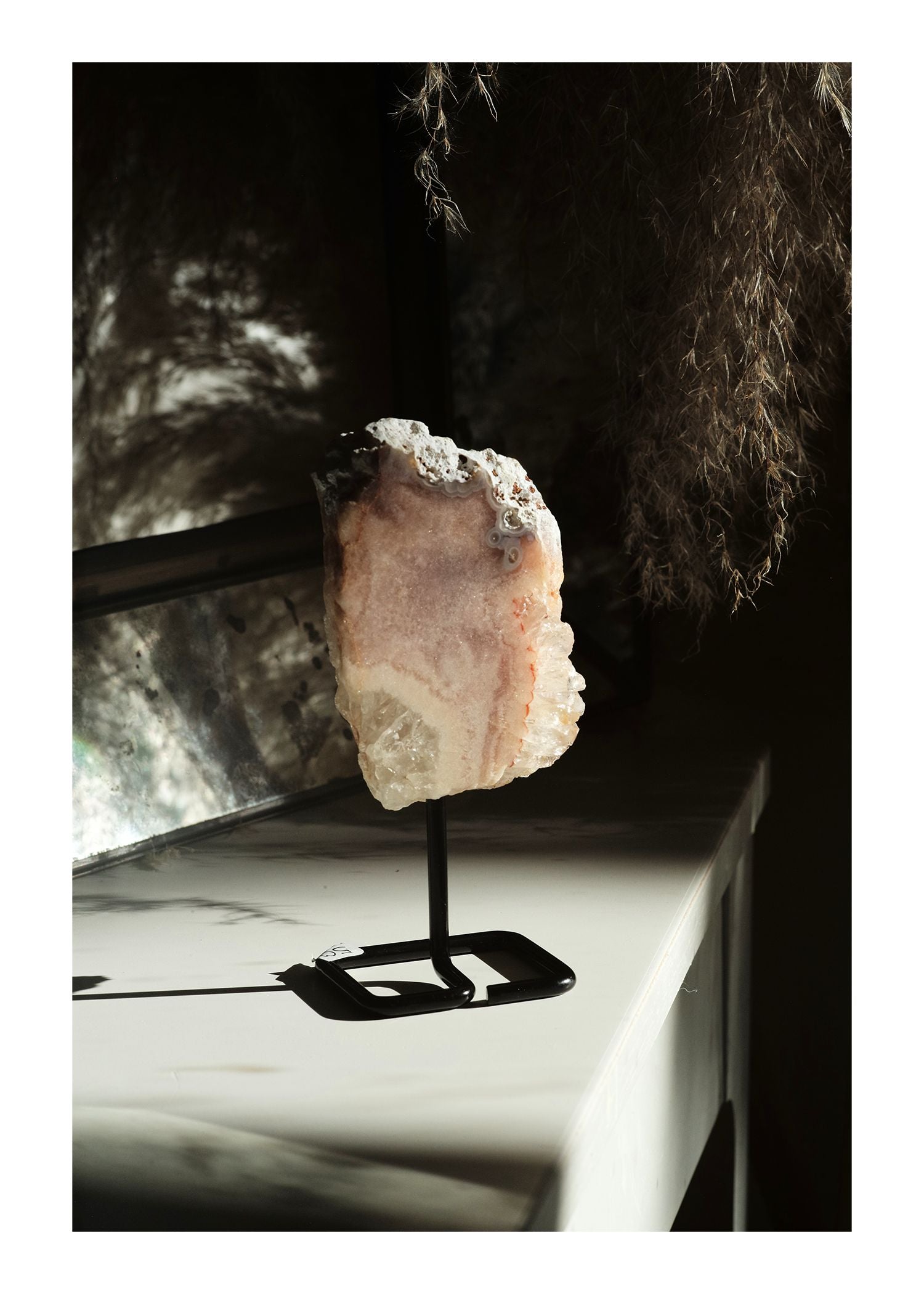 Pink Amethyst on Stand with crystallization and unique white edges