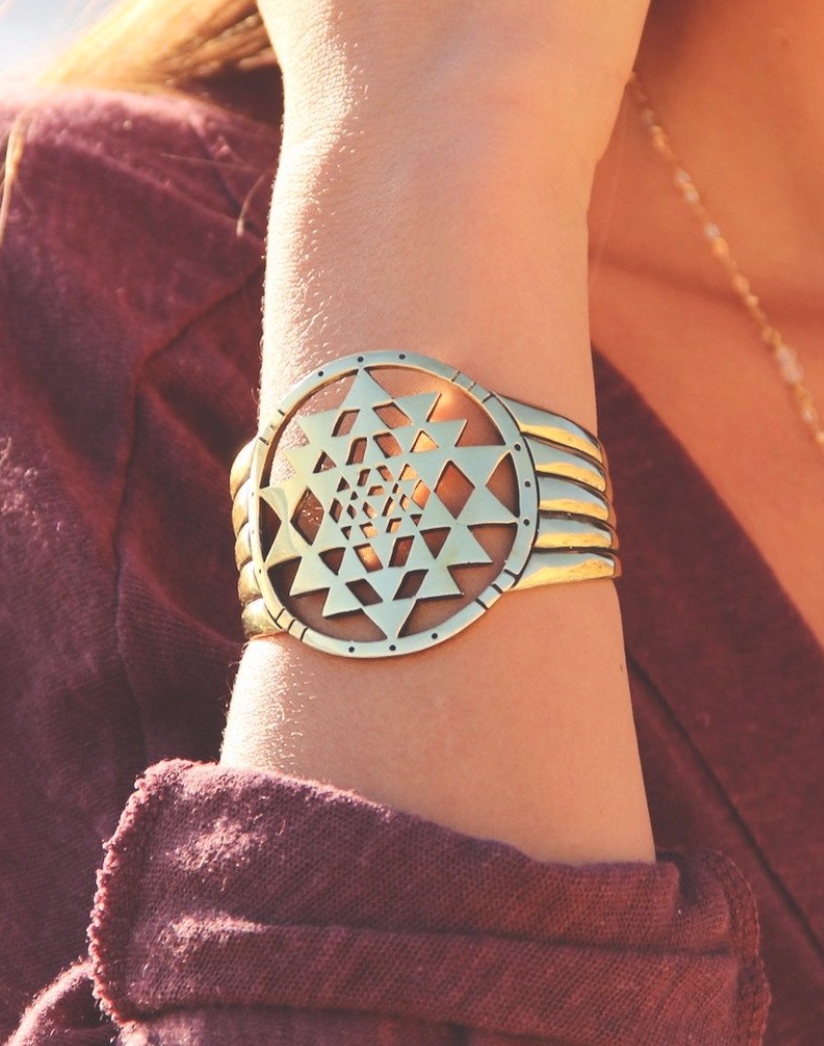 Hand Carved Sri Yantra Golden Bangle With "Lunar Solar" Carved On Inside Band Modeled
