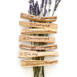 Various Engraved Palo Santo Sticks. Example: "I love and respect myself"