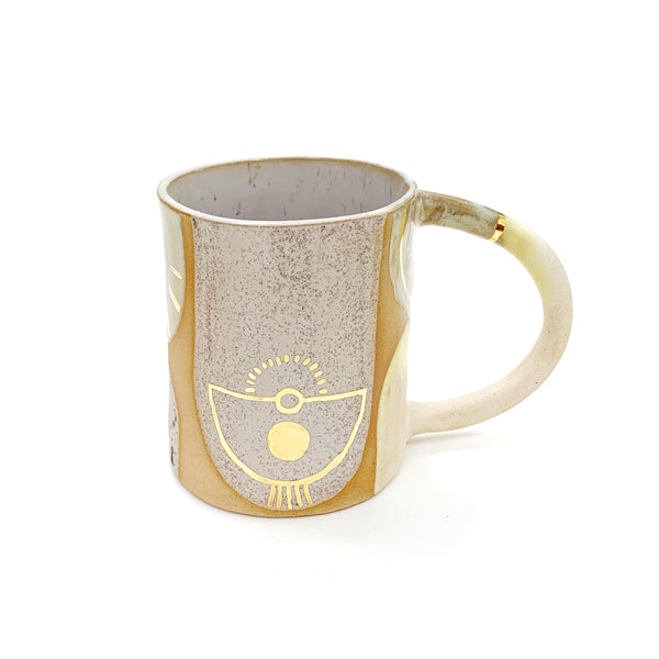 Tan and White Ceramic Mug With Golden Accents- Front