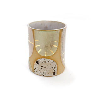 Tan and White Ceramic Mug With Golden Accents- Back