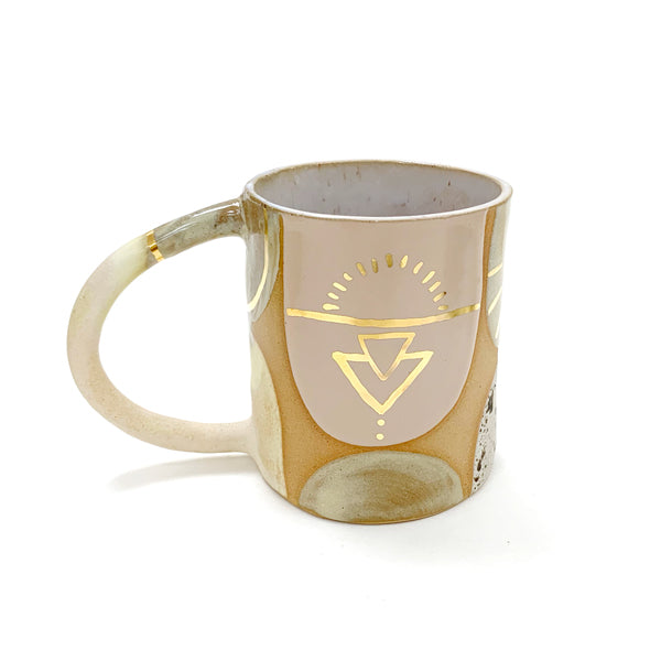 Tan and White Ceramic Mug With Golden Accents- Side