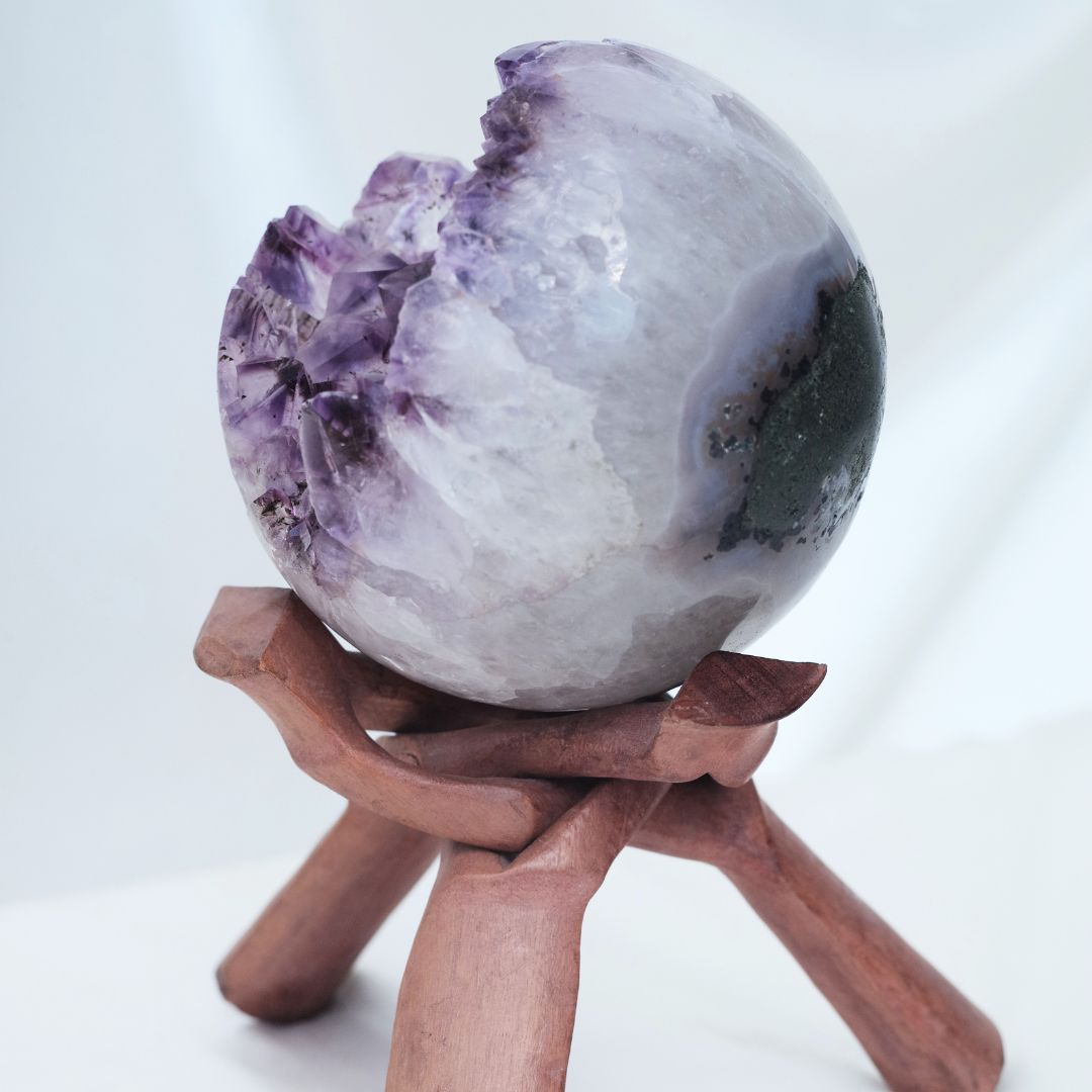 Amethyst Geode Sphere | Natural Amethyst Crystal ball on retailer Heart Chrome Stand | Polished Amethyst Geode