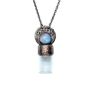 Aromatherapy Bottle Pendant with Filigree Moon and Moonstone