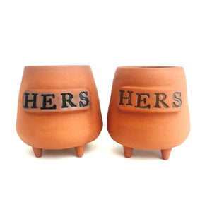 Two Ceramic Cups with "Hers" Inscribed
