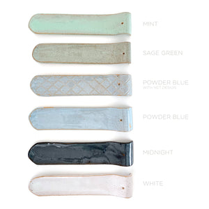 Incense Holder In Various Colors: Mint, Sage Green, Powder Blue With Net Design, Powder Blue, Midnight, and White.