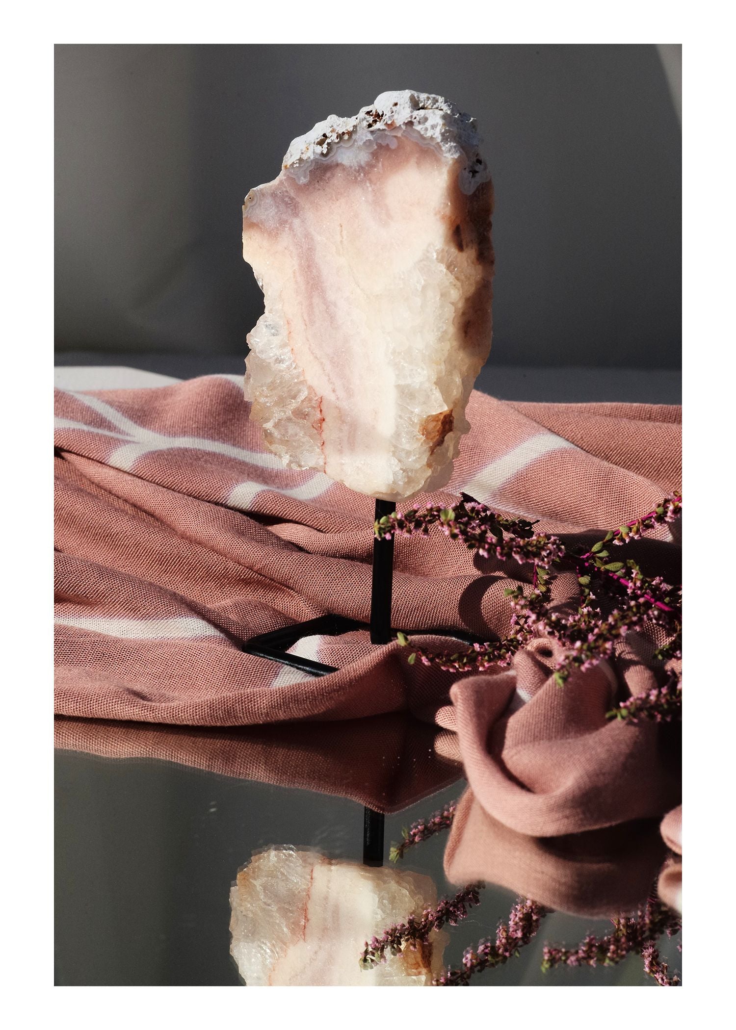 Pink Amethyst on Stand with crystallization and unique white edges