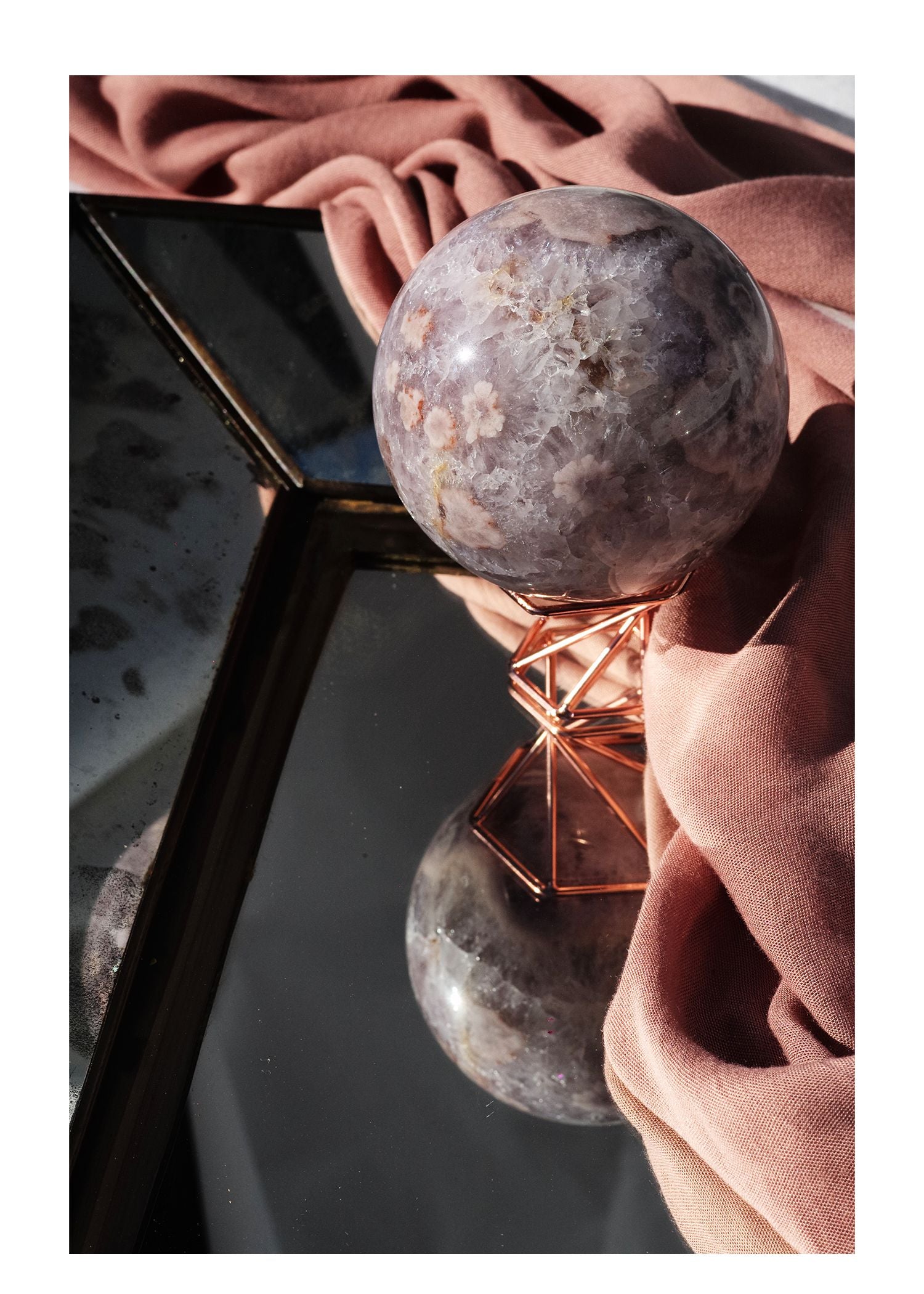 Cherry Blossom Agate Sphere with amethyst and crystallization