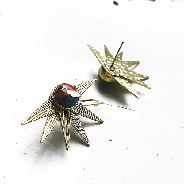 Sun Goddess Earrings - Sunburst Studs with Oyster Turquoise