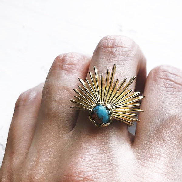 Sun Goddess Ring - Gold Tone Sunburst Ring with Turquoise