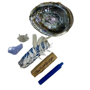 Winter Solstice Ritual Kit: Floral White Smudge Stick, Engraved Palo Santo, Clear Quartz, Celestine, Blue Candle