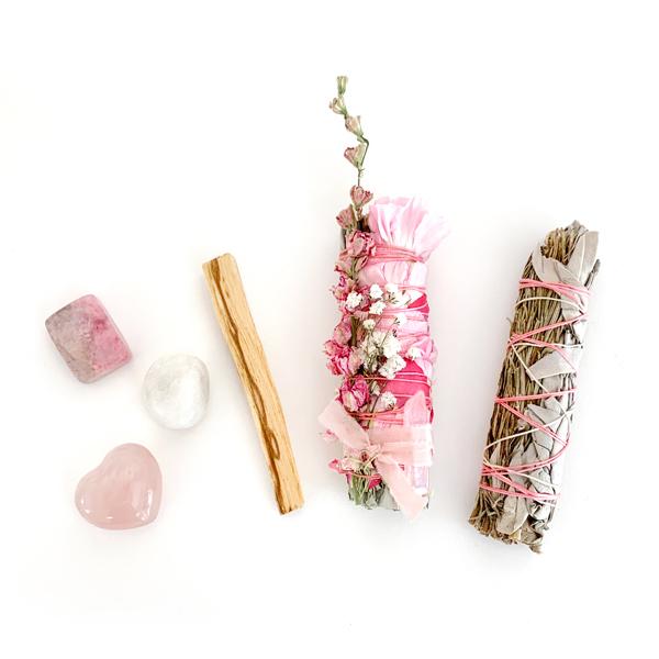 Heart Chakra Kit With Floral White Sage Smudge Stick, Rosemary White Sage Smudge Stick,Palo Santo, Rhodonite, Rose Quartz Heart, and Clear Quartz.