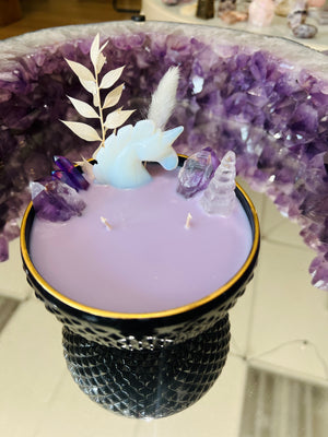 Opalite Unicorn, Clear Quartz, and natural Amethyst point Candle