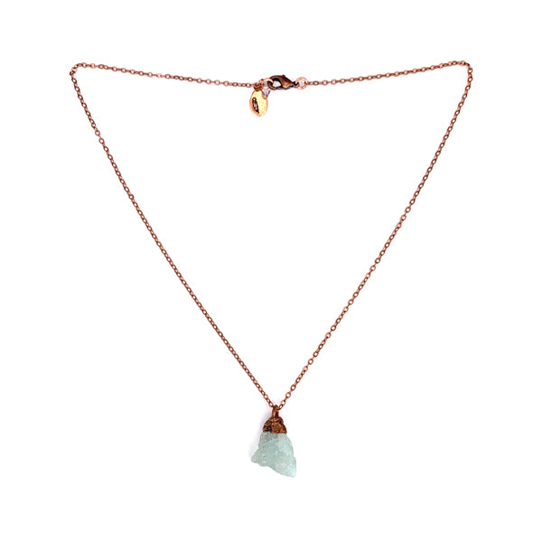 small rough aquamarine stone on a copper cap and strung on an 18" copper chain