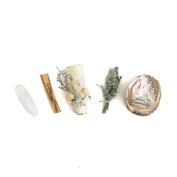 Clear Quartz Rough Crystal, Engraved Palo Santo "Love Everlasting", Floral White Sage, Lavender Herbal Bundle, Abalone Shell.
